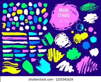 Set trend stroke spot blod. Brush, pen, marker, chalk. Vector distressed grunge modern textured brush stroke. Dry brush. Neon color trendy style. Hand drawn vector.