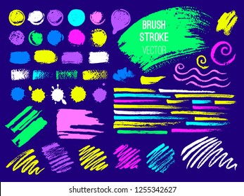 Set trend stroke spot blod. Brush, pen, marker, chalk. Vector distressed grunge modern textured brush stroke. Dry brush. Neon color trendy style. Hand drawn vector.