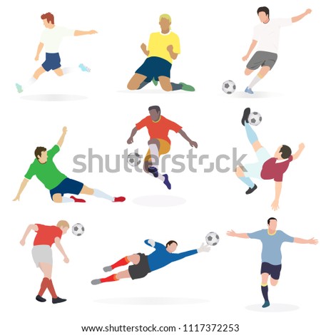 Set of trend vector illustration of soccer football players in many action (goal keeper, defender,midfield and striker). Picture on white background.