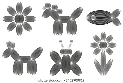 Set trend Wireframe 3D Woodcut animal isolated white background. Flower, Dog, Butterfly, Fish in modern Grunge Geometric style. Y2K vector can used Web and social media design. EPS 10 Editable stroke