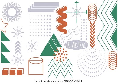 Conjunto de formas geométricas abstractas de tendencia en rojo, verde y azul. Flechas, puntos, triángulos, gráficos, medias tonalidades, copos de nieve, árbol para el diseño de revistas de moda, banner, venta. Ilustración vectorial.