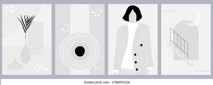 Set of trending art monochrome posters. Woman silhouette, shape in a coat, autumn background. Fashionable woman portrait in pastel delicate colors. Abstract natural shapes of vases, leaves, boho arc.