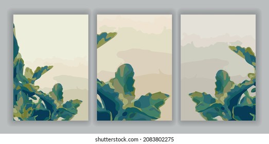 Set trending background with colored plant. Beige gradient mountains. Luscious foliage with shades of blue and yellow. Vector. Printing of covers for notebooks and posters.