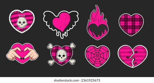 Set of trending emo stickers of hearts of the 2000s y2k in black and acid pink colors. Hearts with skulls, wings, made of fingers, broken heart with pins, with checkered pattern, flame, web