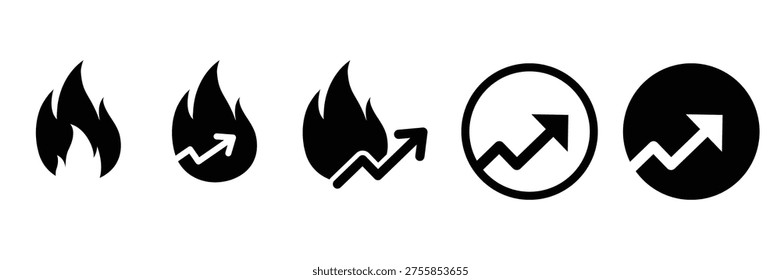 Set of Trending Growth and Fire Icon. Hot Trend, Increase, and Analytics Symbols.