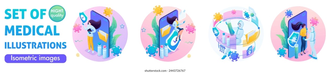Set Of Trending Isometric Illustrations. Medical staff, virus control. Vaccine, protection, medicine