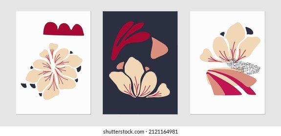 Set of trending templates, abstract plants poster, shapes and botanical elements, minimalist, hand drawn