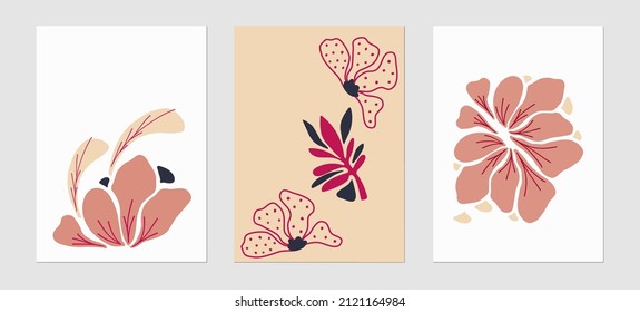 Set of trending templates, abstract plants poster, shapes and botanical elements, minimalist, hand drawn