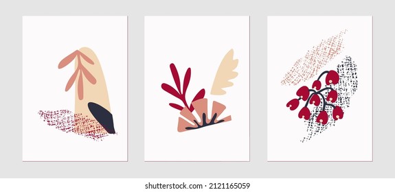 Set von trendigen Vorlagen, abstrakten Pflanzen Poster, Formen und botanischen Elementen, minimalistisch, handgezeichnet