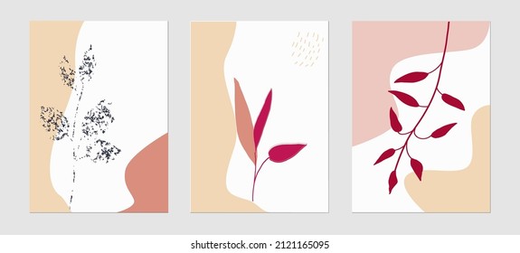 Set of trending templates, abstract plants poster, shapes and botanical elements, minimalist, hand drawn