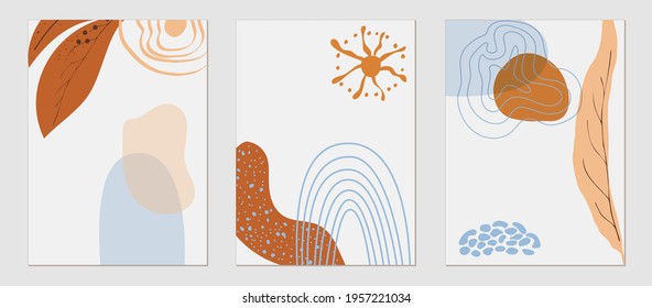 Set of trending templates, abstract shapes and botanical elements, leaf, exotic plants, minimalism, hand drawn. Poster, room interior decor, design for textiles, postcard, concept, Vector