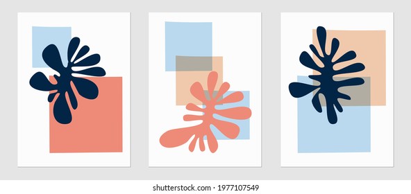 Set of trending templates, abstract shapes and botanical elements, palm leaf, exotic plants, minimalism, hand drawn. Poster, room interior decor, design for textiles, postcard, concept, Vector