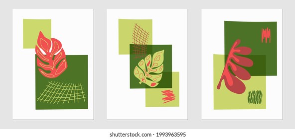 Conjunto de plantillas de tendencia, formas abstractas y elementos botánicos, hoja de monstera, plantas exóticas, minimalismo, dibujado a mano. Cartel, decoración interior de habitación, diseño para textiles, postal, concepto, vector