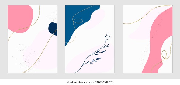 Set of trending templates, abstract shapes and botanical elements, gold line, exotic plants, minimalism, hand drawn. Poster, room interior decor, design for textiles, postcard, concept, Vector