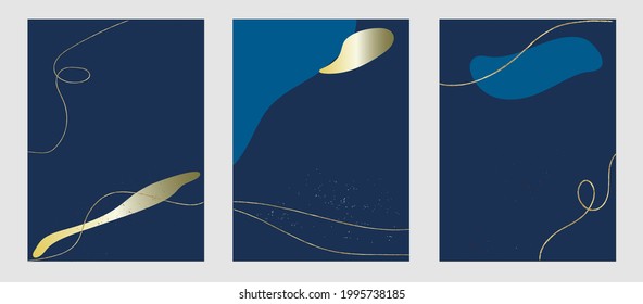 Conjunto de plantillas de tendencia, formas abstractas, línea dorada, fondo azul oscuro, gradiente, minimalismo, dibujado a mano. Cartel, decoración interior de habitación, diseño para textiles, postal, concepto, vector