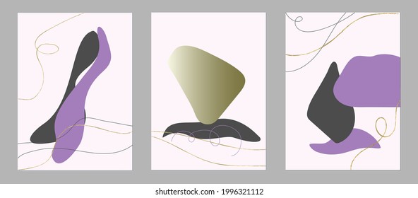Set of trending templates, abstract shapes and aesthetic elements, gold line, minimalist, hand drawn. Poster, room interior decor, design for textiles, postcard, concept, Vector illustration 