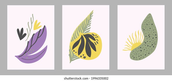 Set of trending templates, abstract shapes and botanical elements, exotic plants, minimalism, hand drawn. Poster, room interior decor, design for textiles, postcard, concept, Vector illustration 