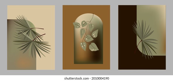 Set of trending templates, abstract shapes and botanical elements, gradient, exotic plants, minimalism, hand drawn. Poster, room interior decor, design for textiles, postcard, concept, Vector