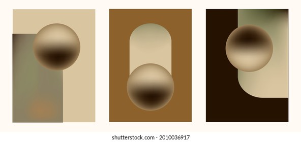 Conjunto de plantillas de tendencia, formas abstractas, bola, fondo degradado, minimalismo, dibujado a mano. Cartel, decoración interior de habitación, diseño para textiles, postal, concepto, vector