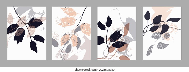 Set of trending templates, abstract shapes and botanical elements, autumn leaves, texture,  minimalism, hand drawn. Poster, room interior decor, design for textiles, postcard, concept, Vector