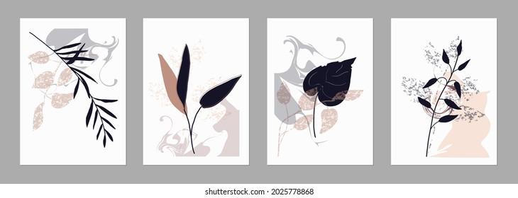 Set of trending templates, abstract shapes and botanical elements, minimalism, hand drawn. Poster, room interior decor, design for textiles, postcard, concept, Vector