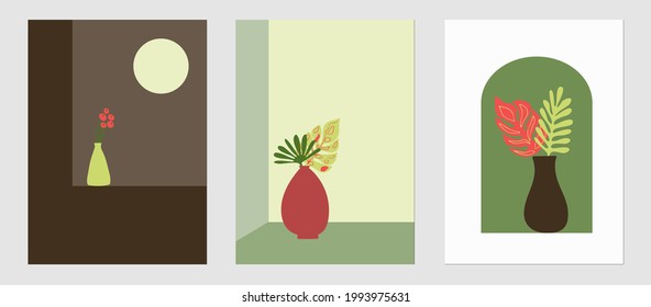 Conjunto de plantillas de tendencia, jarrones abstractos y elementos botánicos, hoja de monstera, plantas exóticas, minimalismo, dibujado a mano. Cartel, decoración interior de habitación, diseño para textiles, postal, concepto, vector