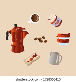 Set of trending vector elements with gradient for coffee shop and cafe menu. Geyser coffee maker and toast with jam. Coffee break.