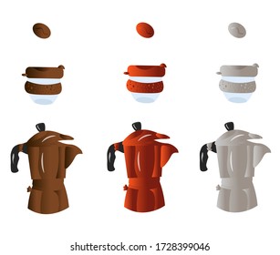Set of trending vector elements with gradient for coffee shop and cafe menu on white background. Geyser coffee maker and keep cup set. Coffee break.