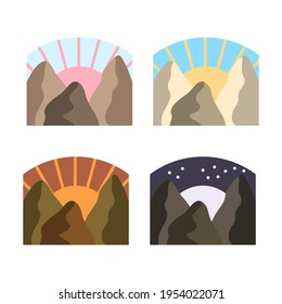 Eine Reihe von trendigen Vektorgrafiken von Bergen. Morgengrauen, Tag, Sonnenuntergang, Nacht in den Bergen. Flacher Stil, abstraktes Design.