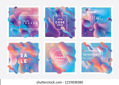 Set of trending vibrant Holographic liquid gradient shapes placed in creative compositions on a square cards with sale announcements