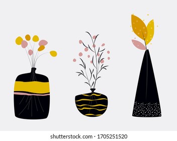 Set of Trendly abstract minimalistic vase with leaves. Vector floral 
illustration for cards, invitations, blogs, festival, t-shirts, pajamas, party