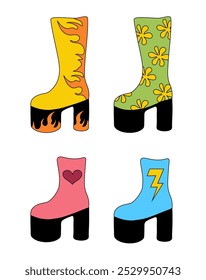 Set of trendy 1980 retro disco boots. Collection vintage shoes different design. Vector flat illustration.