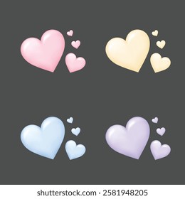 Set of trendy 3D colored cartoon hearts. Realistic 3D rendered love symbols collection. Cute red, yellow, blue, purple hearts vector