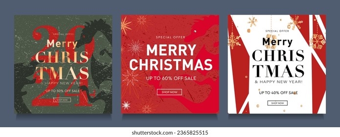 Set Trendy 3D Sale 2024 Year. Poster Merry Christmas and Happy New Year for Party, Festival, Email, Social Media. Abstract Background Green, Gold, Red Colors for Holiday Discount 40-60%.