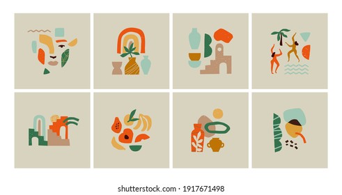 Set of trendy abstract art poster composition with colorful minimalist flat cartoon shapes and freehand doodle decoration. Still life arrangement collection. Organic shape drawing, big bundle.