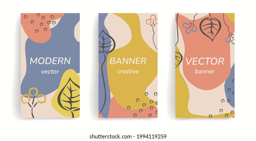Set trendy abstract art templates with floral and geometric elements. Suitable for social media posts, stories, mobile apps, websites, banner ads, and online ads. Vector fashion backgrounds with text