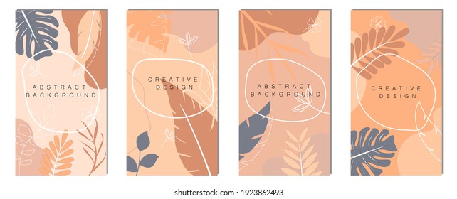 Set of trendy abstract background with leaves for social media stories, cards and invitations. Vector illustration.