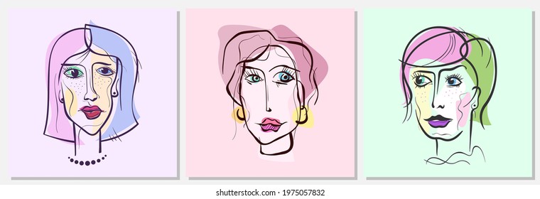 Set of trendy abstract backgrounds. Hand drawn modern abstract full color portrait of a woman. Template for your design works. Vector illustration.