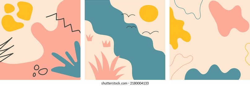 Set of trendy abstract backgrounds. Hand drawn various shapes and doodle objects. Contemporary vector illustrations. Pastel colors. Bundle of modern collages with organic shapes, textures and graphic 