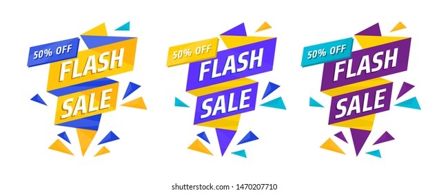 Set of trendy abstract banners. Flash sale poster and banner. Template ready for use in web or print design. Social media poster. Origami label vector for online shop.