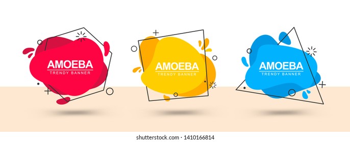 Set of trendy abstract banners. Flat banners of geometric shapes in different colors with a black outline in the style of a memphis design. Ready template for use in web, ad and print design.