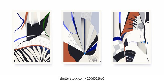 Conjunto de ilustraciones botánicas abstractas de moda. Decoración contemporánea en las paredes. Colección de afiches artísticos contemporáneos.