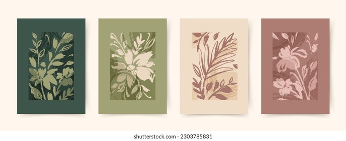 Set of trendy abstract botanical vector illustrations with flowers. Perfect for modern wall poster, interior design, print, home decor, cover, wallpaper, postcard