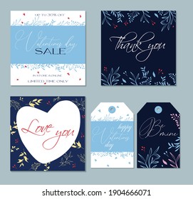 Set of trendy abstract card and tags for valentines day. For advertising flyers, greeting cards and social media posts. Delicate and modern design. Thanks cards. Love you. Sale. Floral pattern. Vector