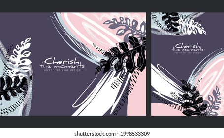 Set of trendy abstract creative and art templates with floral and painting elements. Design for notebook, banner, cover, wallpaper, posters and other