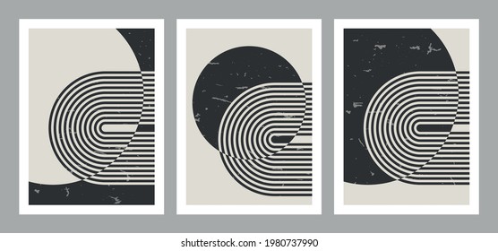 Set von trendigen abstrakten kreativen geometrischen minimalistischen künstlerischen Kompositionen. Vintage Vektordesign für Wanddekoration, Dekoration, Druck, Deckel, Plakat, Karte, Tapete.
