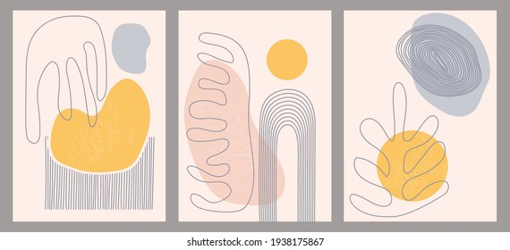 Set of trendy abstract creative hand painted minimalist illustrations. Wall art drawing with abstract shape. For postcard, poster, social media story design.