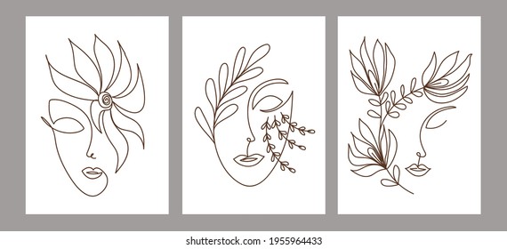 Set of trendy abstract creative hand painted minimalist illustrations. Wall art drawing of female portraits. For postcard, poster, social media story design.