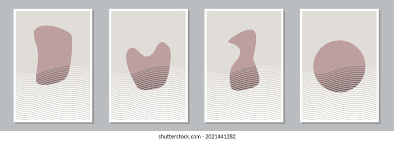 Set of trendy abstract creative minimal artistic hand painted compositions for wall decoration, postcard or brochure cover design. Vector illustration.