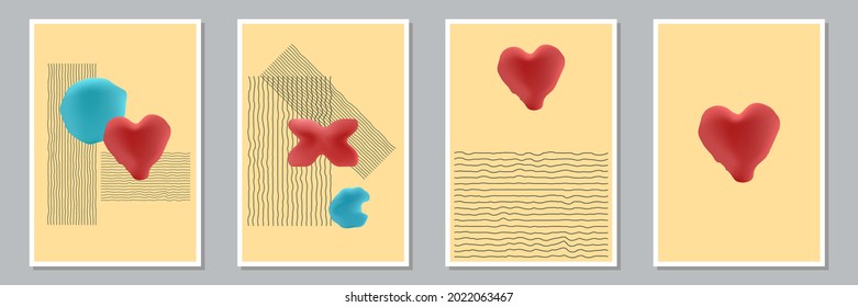 Set of trendy abstract creative minimal artistic hand painted compositions for wall decoration, postcard or brochure cover design. Vector illustration.